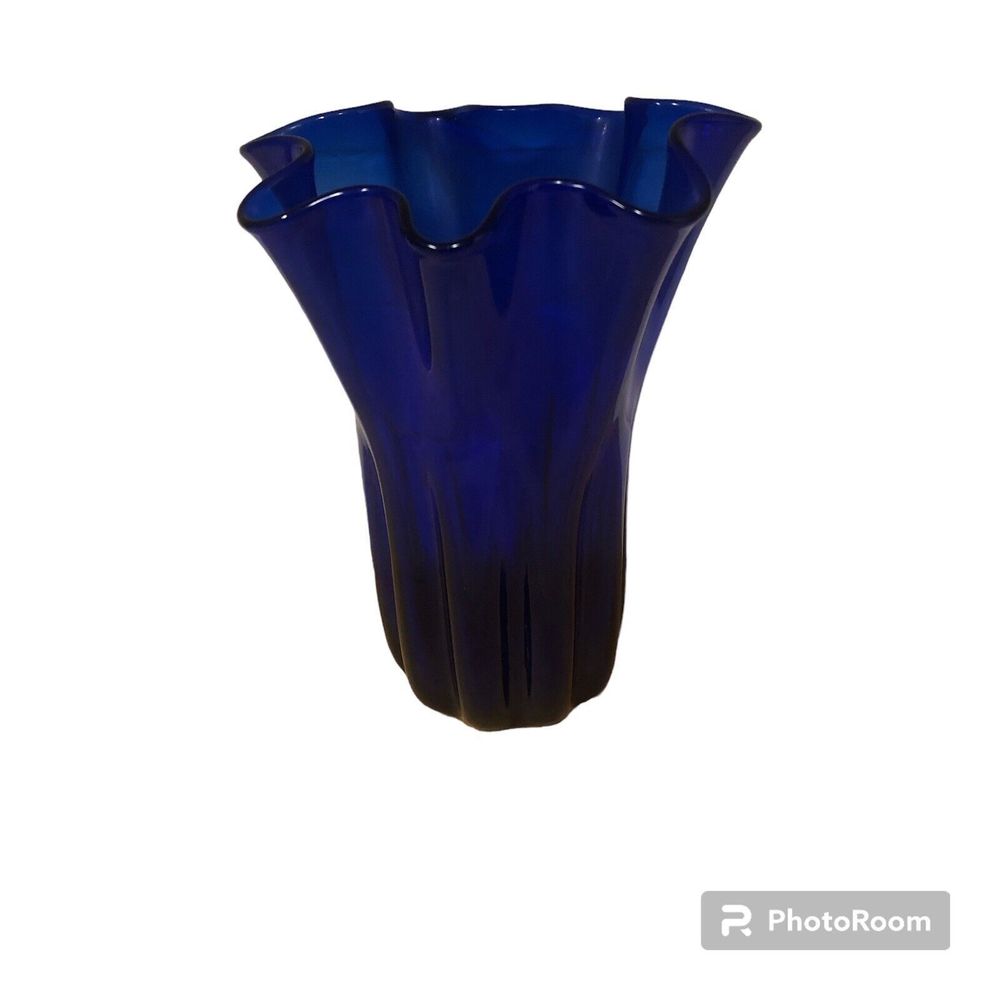 Cobalt Blue Handcrafted Fluted Scalloped Ruffle Vase by AAC